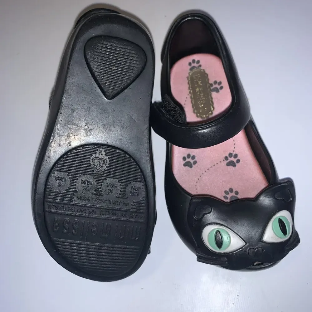 Mini Melissa Black Cat Mary Jane Shoes Size 6 Baby Girls Toddler